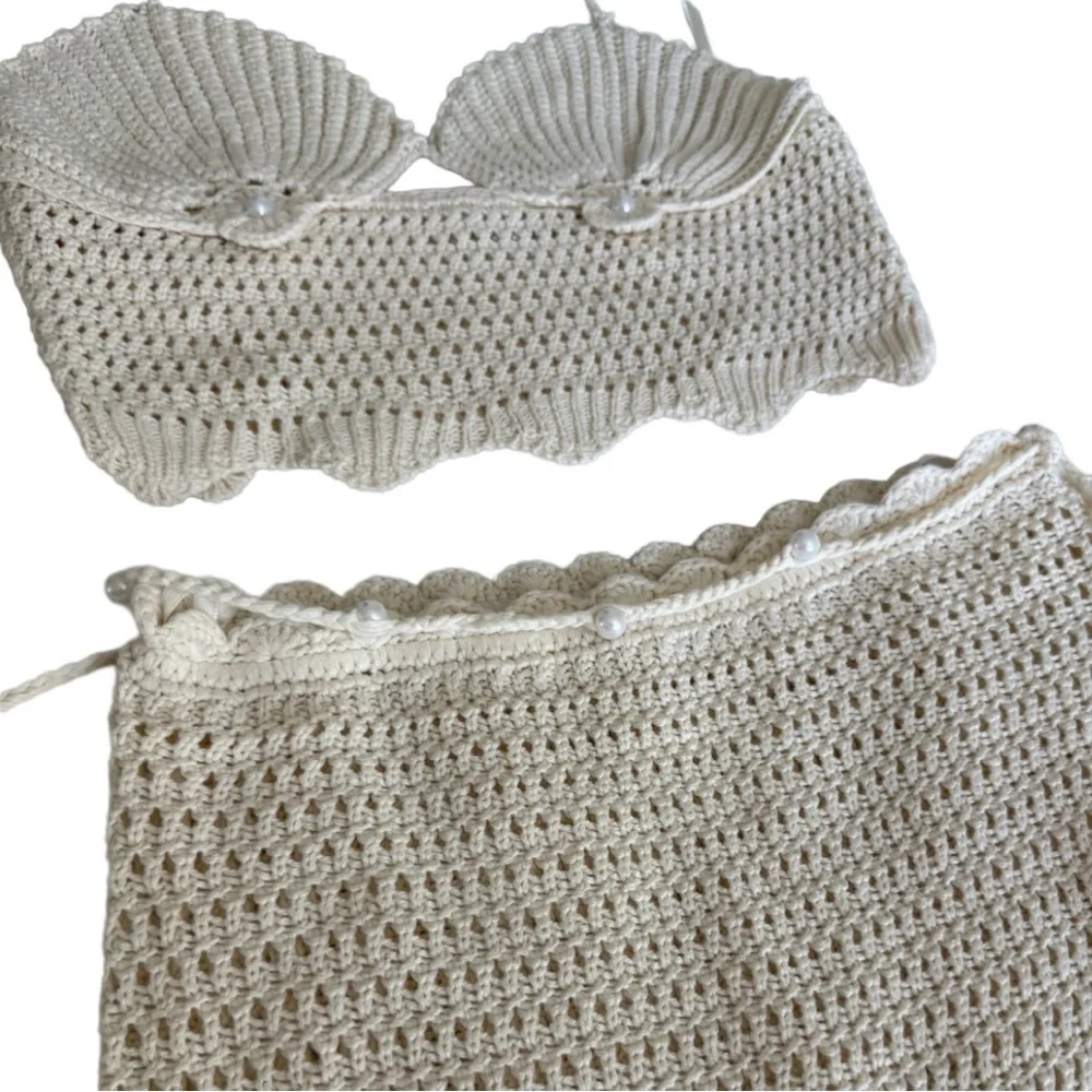 Meshki Cream Crochet 2-Piece Co-Ord Set – Kira Shell Knit Top & Maxi Skirt (S) - Picture 13 of 16